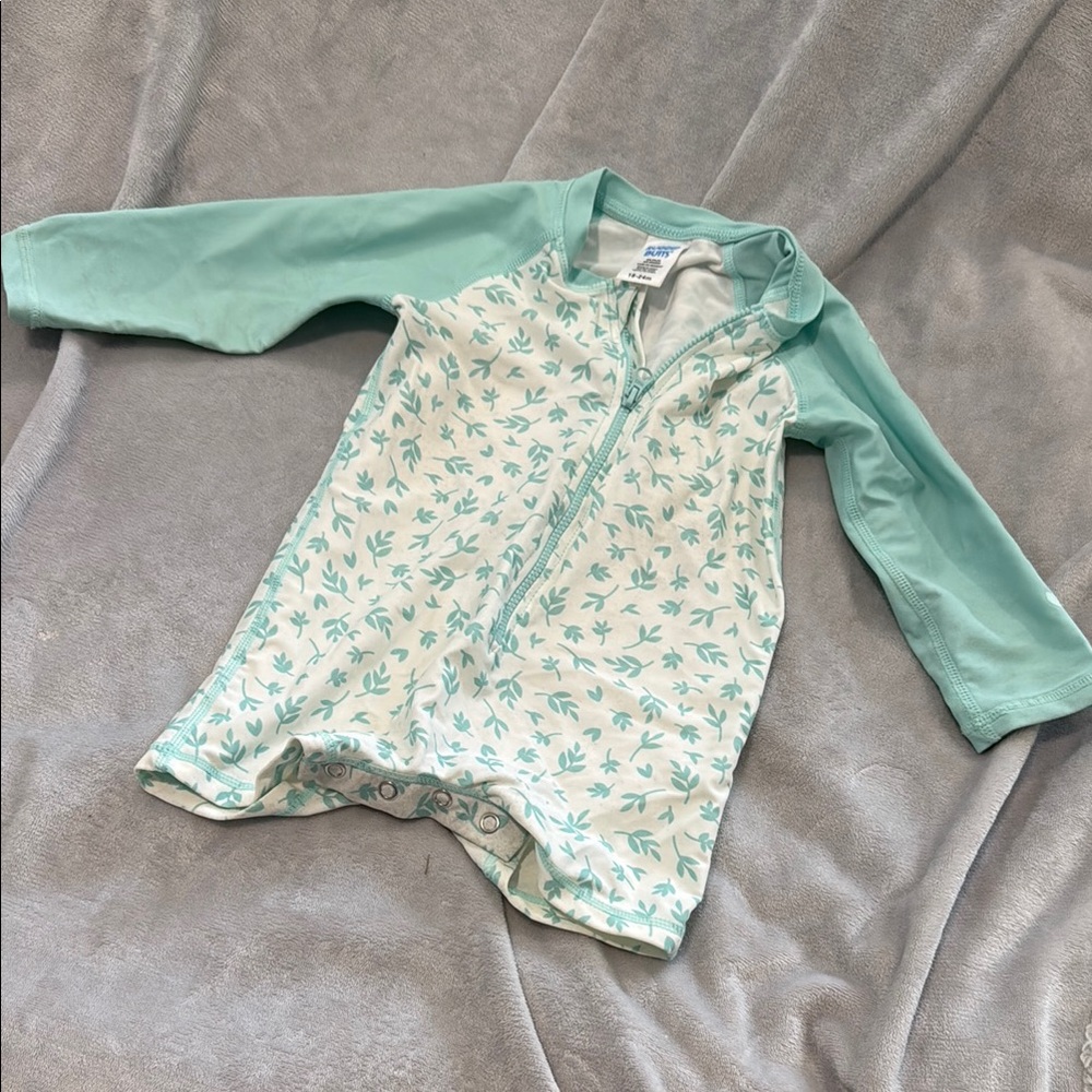 Kids Swimwear with Leaf Print - Aqua